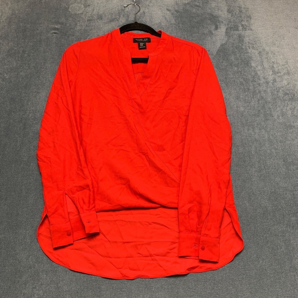 Rachel Zoe Wrap Blouse Top Womens XS Orange High Low Hem Split V Neck Pullover